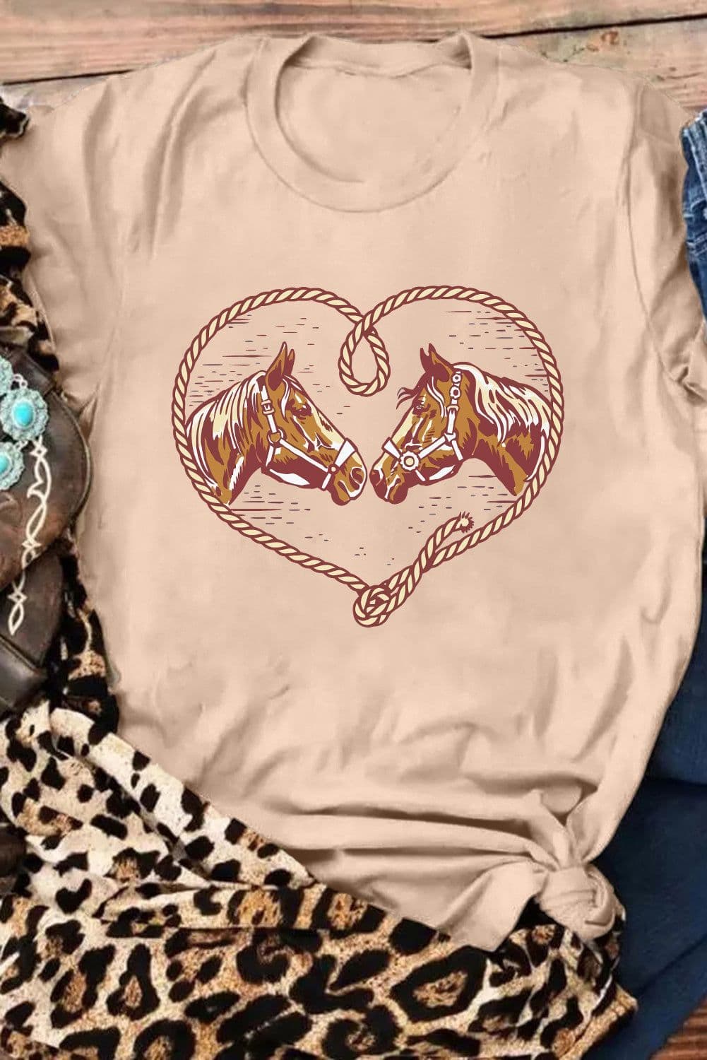 image-Khaki Rodeo Horse Graphic Western Cowgirl Fashion T Shirt