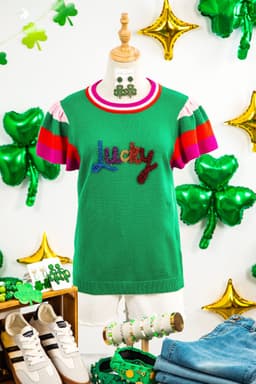 image-Bright Green Shiny Lucky Striped Flutter Sleeve Round Neck Sweater