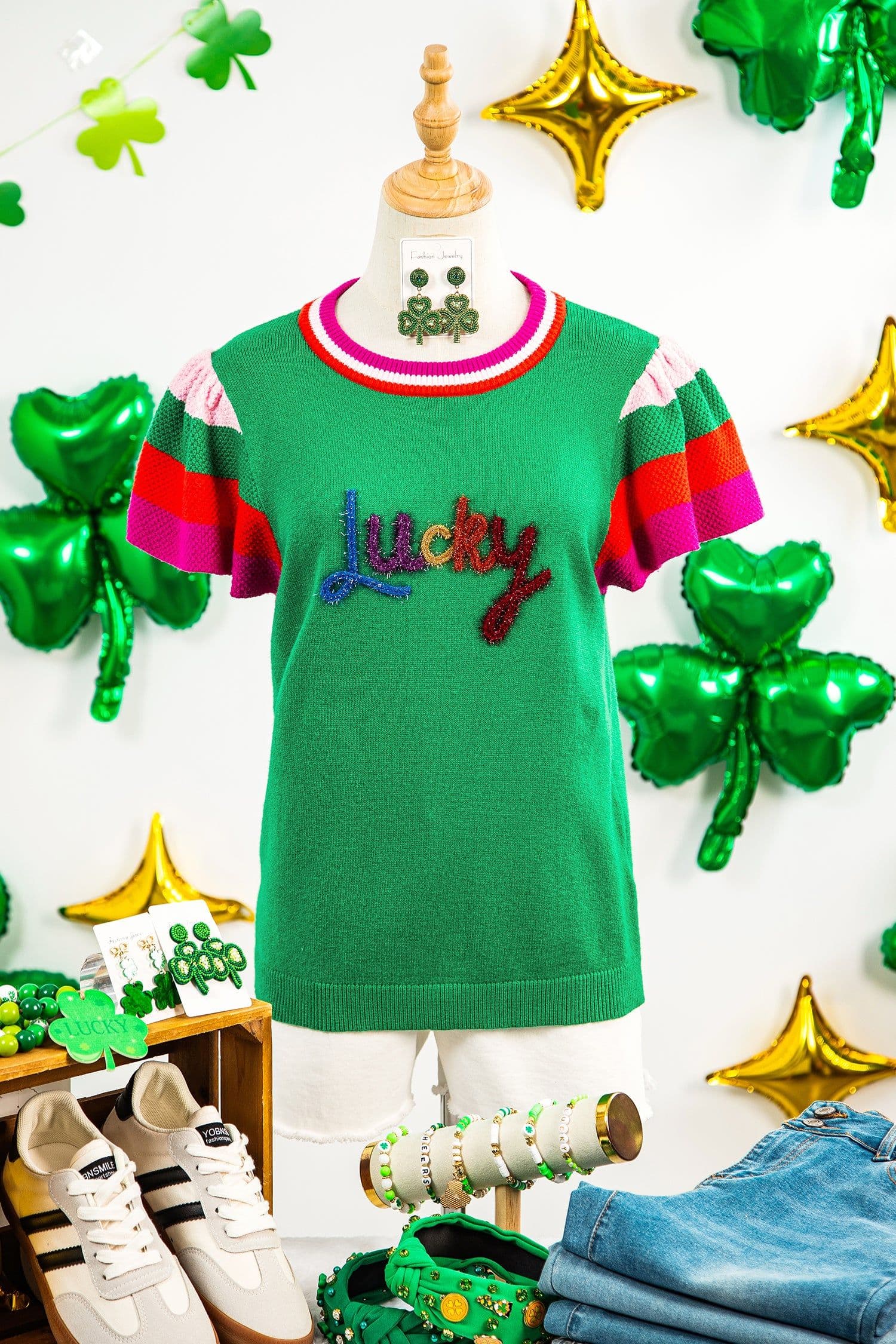 image-Bright Green Striped Flutter Sleeve Sweater