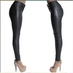 image-European and American clothing Amazon AliExpress wish hot-selling high-waisted 3-button slim-fit imitation leather pants small-leg PU pants