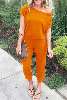 image-Cross-border hot sale new product 6 colors spring/summer 2020 fashion oblique shoulder short sleeve pocket women's jumpsuit