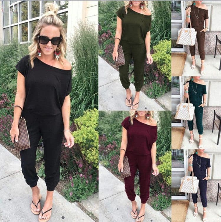 image-Cross-border hot sale new product 6 colors spring/summer 2020 fashion oblique shoulder short sleeve pocket women's jumpsuit