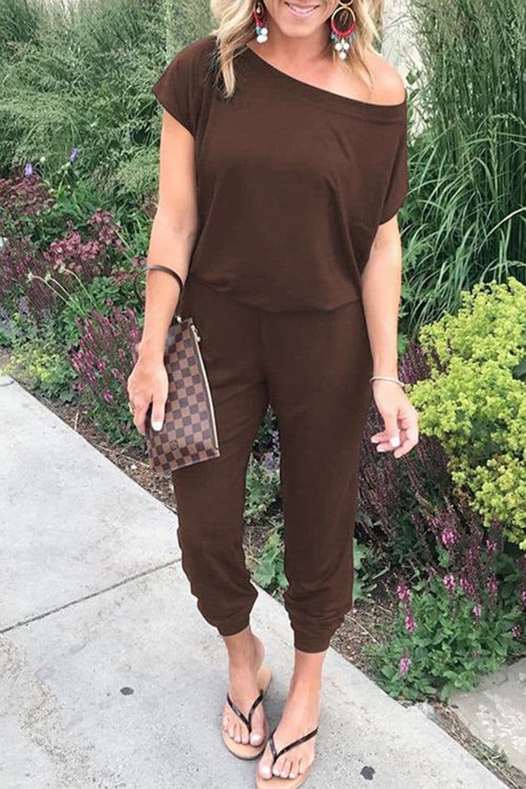 image-Cross-border hot sale new product 6 colors spring/summer 2020 fashion oblique shoulder short sleeve pocket women's jumpsuit