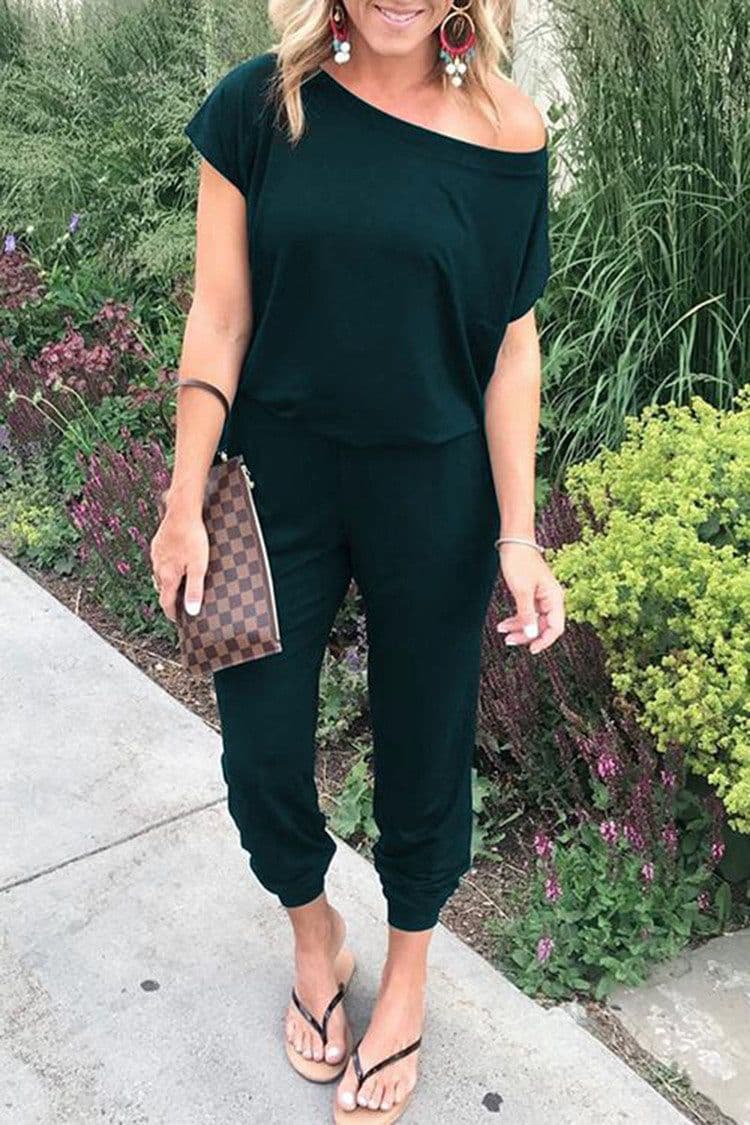image-Cross-border hot sale new product 6 colors spring/summer 2020 fashion oblique shoulder short sleeve pocket women's jumpsuit