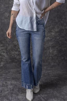 image-Sky Blue Distressed Medium Wash Flare Jeans (65 characters)
