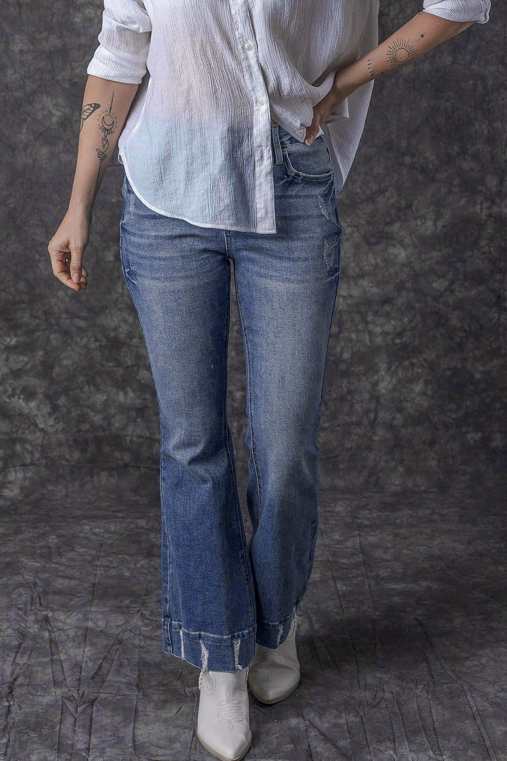 image-Sky Blue Distressed Medium Wash Flare Jeans (65 characters)