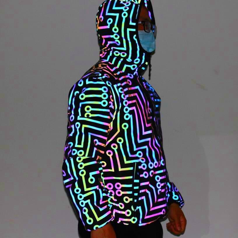 image-Spring and Autumn Circuit Geometric Pattern Rainbow Color Reflective Jacket Cross-border Men and Women Hip Hop Mechanical Dance Colorful Reflective Jacket