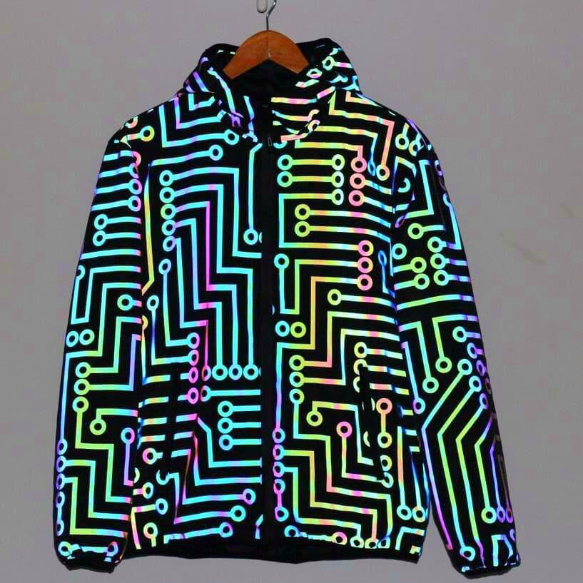 image-Spring and Autumn Circuit Geometric Pattern Rainbow Color Reflective Jacket Cross-border Men and Women Hip Hop Mechanical Dance Colorful Reflective Jacket