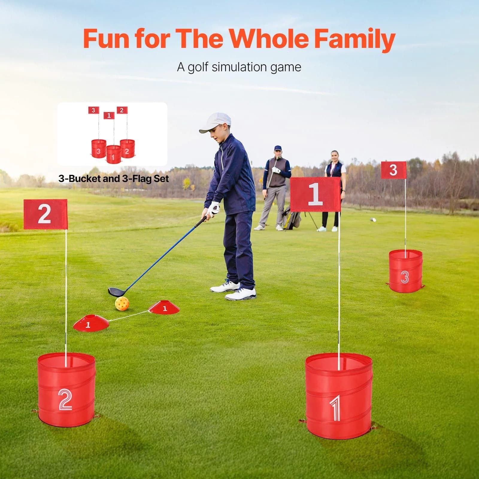 image-VEVOR Backyard Golf Game, 3 Hole Golf Course, Golf Game Practice Games, Golf Chipping Game for Family, Adults and Kids, Portable Outdoor Yard Golf Game for Lawn, Yard, Camping, Park, Beach