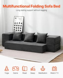 image-VEVOR Folding Sofa Bed, 3-in-1 Foldable Couch Bed with 3 Pillows and Washable Cover, 25D High Density Memory Foam Convertible Sleeper Chair Bed, Futon Couch for Living Room, Bedroom, Dark Grey(Twin)