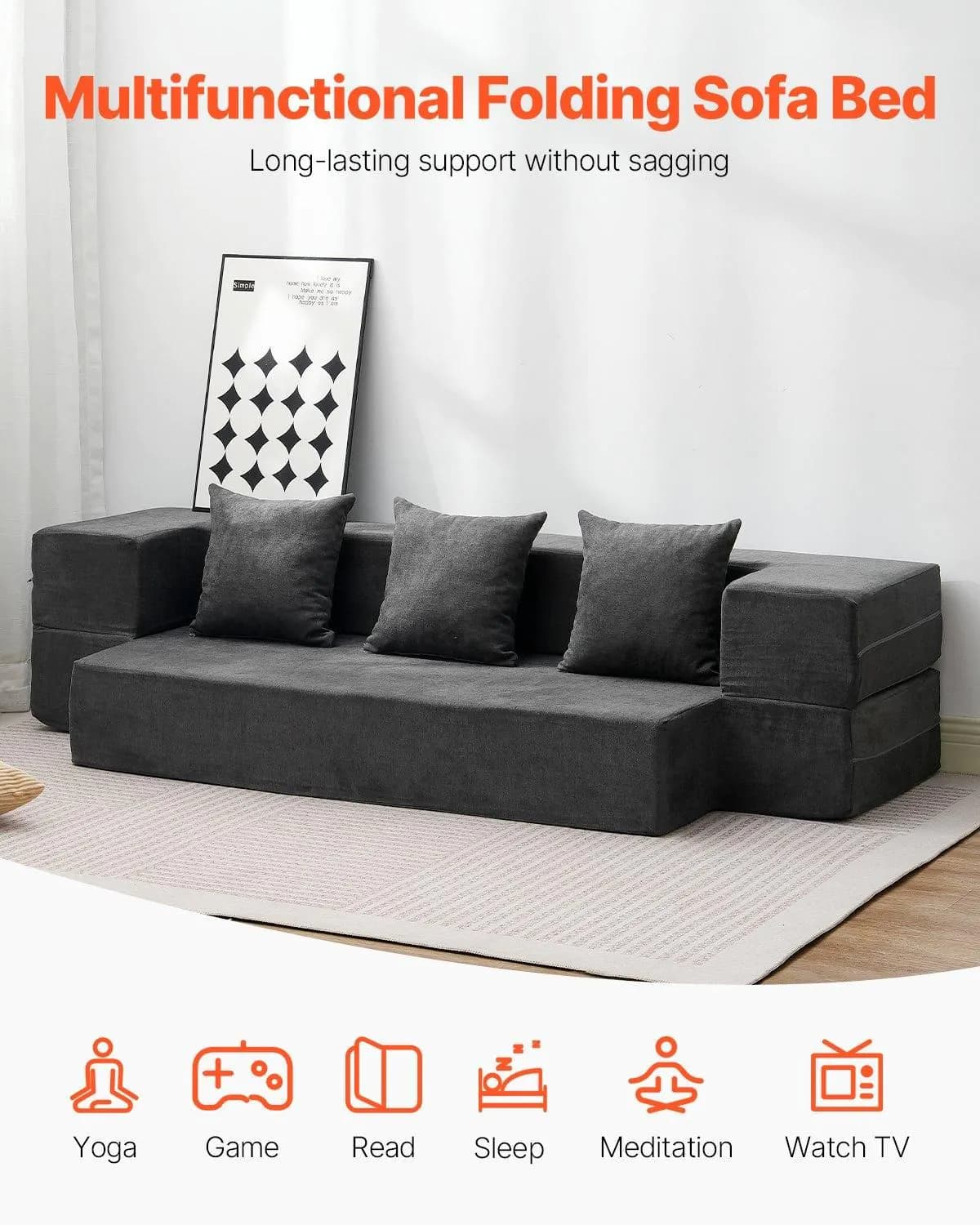 image-VEVOR Folding Sofa Bed, 3-in-1 Foldable Couch Bed with 3 Pillows and Washable Cover, 25D High Density Memory Foam Convertible Sleeper Chair Bed, Futon Couch for Living Room, Bedroom, Dark Grey(Twin)