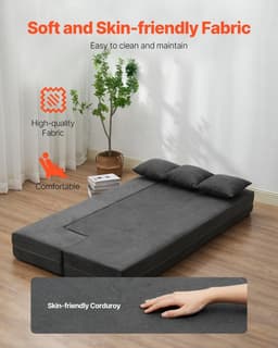 image-VEVOR Folding Sofa Bed, 3-in-1 Foldable Couch Bed with 3 Pillows and Washable Cover, 25D High Density Memory Foam Convertible Sleeper Chair Bed, Futon Couch for Living Room, Bedroom, Dark Grey(Twin)