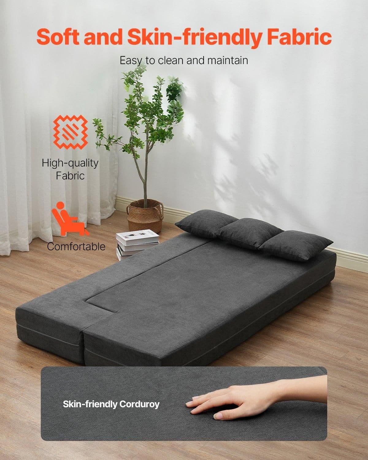 image-VEVOR Folding Sofa Bed, 3-in-1 Foldable Couch Bed with 3 Pillows and Washable Cover, 25D High Density Memory Foam Convertible Sleeper Chair Bed, Futon Couch for Living Room, Bedroom, Dark Grey(Twin)