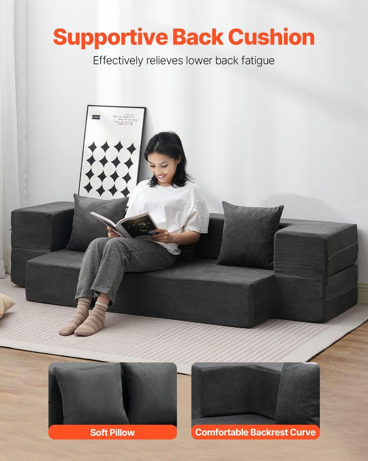 image-VEVOR Folding Sofa Bed, 3-in-1 Foldable Couch Bed with 3 Pillows and Washable Cover, 25D High Density Memory Foam Convertible Sleeper Chair Bed, Futon Couch for Living Room, Bedroom, Dark Grey(Twin)