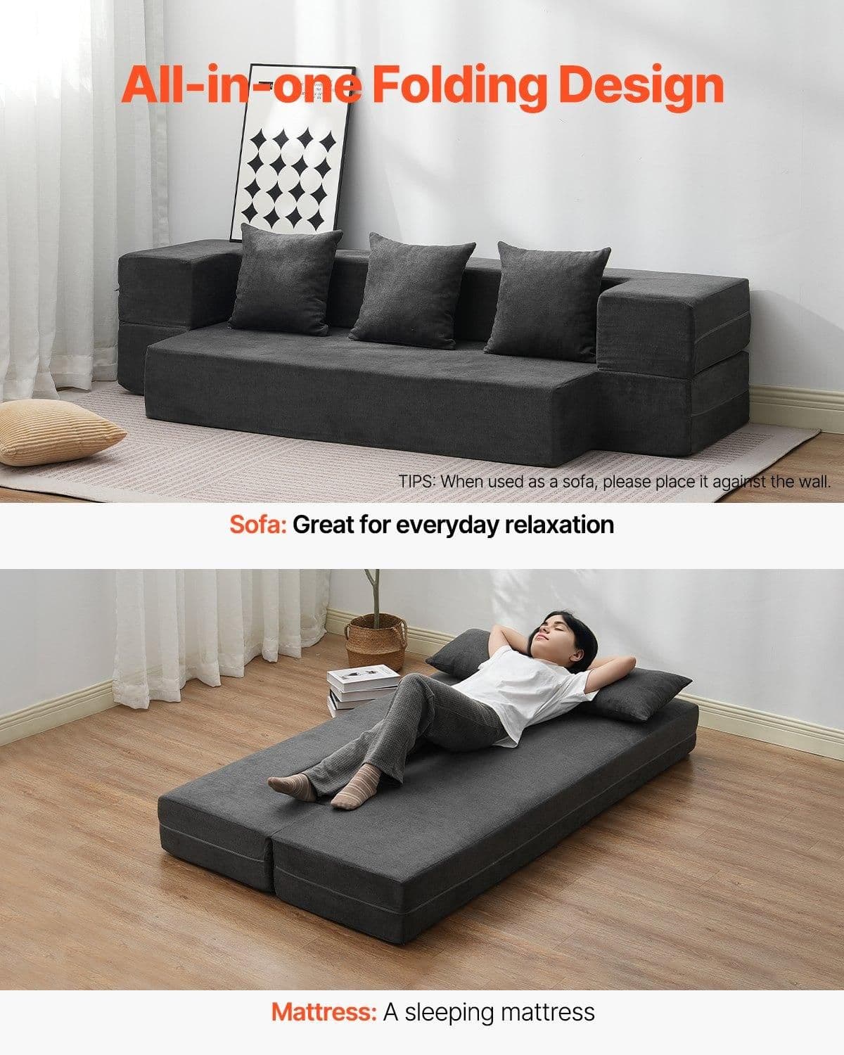 image-VEVOR Folding Sofa Bed, 3-in-1 Foldable Couch Bed with 3 Pillows and Washable Cover, 25D High Density Memory Foam Convertible Sleeper Chair Bed, Futon Couch for Living Room, Bedroom, Dark Grey(Twin)