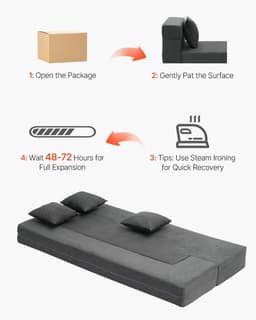 image-VEVOR Folding Sofa Bed, 3-in-1 Foldable Couch Bed with 3 Pillows and Washable Cover, 25D High Density Memory Foam Convertible Sleeper Chair Bed, Futon Couch for Living Room, Bedroom, Dark Grey(Twin)