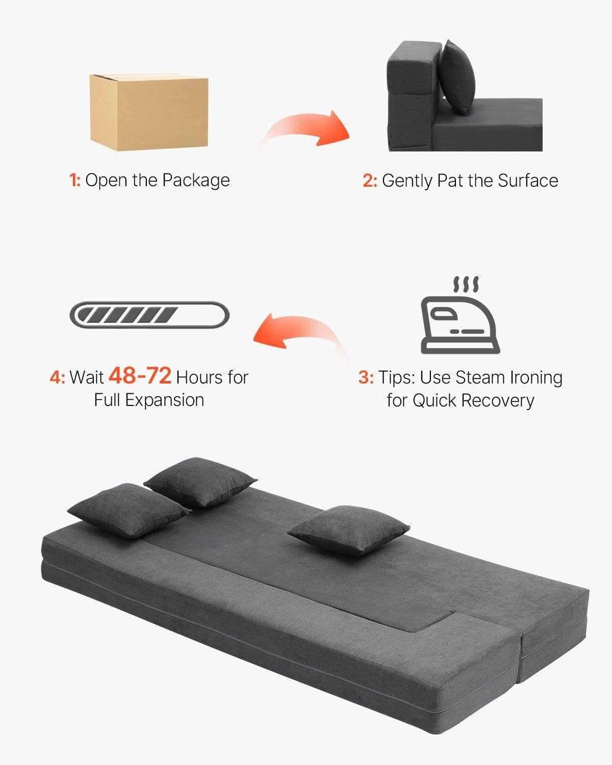 image-VEVOR Folding Sofa Bed, 3-in-1 Foldable Couch Bed with 3 Pillows and Washable Cover, 25D High Density Memory Foam Convertible Sleeper Chair Bed, Futon Couch for Living Room, Bedroom, Dark Grey(Twin)