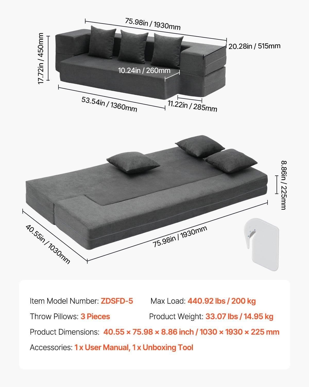 image-VEVOR Folding Sofa Bed, 3-in-1 Foldable Couch Bed with 3 Pillows and Washable Cover, 25D High Density Memory Foam Convertible Sleeper Chair Bed, Futon Couch for Living Room, Bedroom, Dark Grey(Twin)