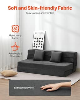 image-VEVOR Folding Sofa Bed, 3-in-1 Foldable Couch Bed with 2 Pillows and Washable Cover, 25D High Density Memory Foam Convertible Sleeper Chair Bed, Futon Couch for Living Room, Bedroom, Dark Grey(Queen)