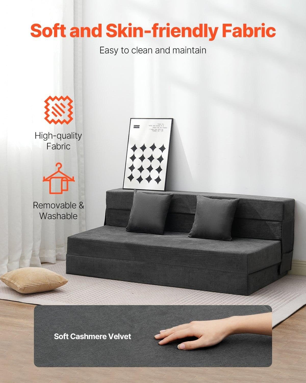 image-VEVOR Folding Sofa Bed, 3-in-1 Foldable Couch Bed with 2 Pillows and Washable Cover, 25D High Density Memory Foam Convertible Sleeper Chair Bed, Futon Couch for Living Room, Bedroom, Dark Grey(Queen)
