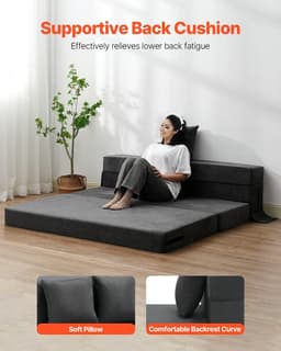 image-VEVOR Folding Sofa Bed, 3-in-1 Foldable Couch Bed with 2 Pillows and Washable Cover, 25D High Density Memory Foam Convertible Sleeper Chair Bed, Futon Couch for Living Room, Bedroom, Dark Grey(Queen)