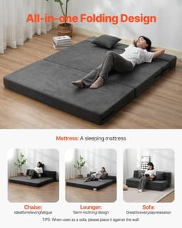 image-VEVOR Folding Sofa Bed, 3-in-1 Foldable Couch Bed with 2 Pillows and Washable Cover, 25D High Density Memory Foam Convertible Sleeper Chair Bed, Futon Couch for Living Room, Bedroom, Dark Grey(Queen)