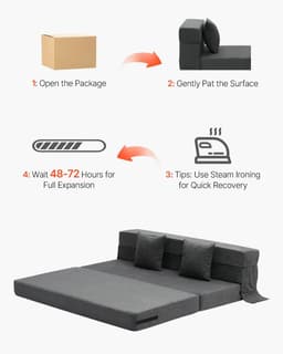 image-VEVOR Folding Sofa Bed, 3-in-1 Foldable Couch Bed with 2 Pillows and Washable Cover, 25D High Density Memory Foam Convertible Sleeper Chair Bed, Futon Couch for Living Room, Bedroom, Dark Grey(Queen)