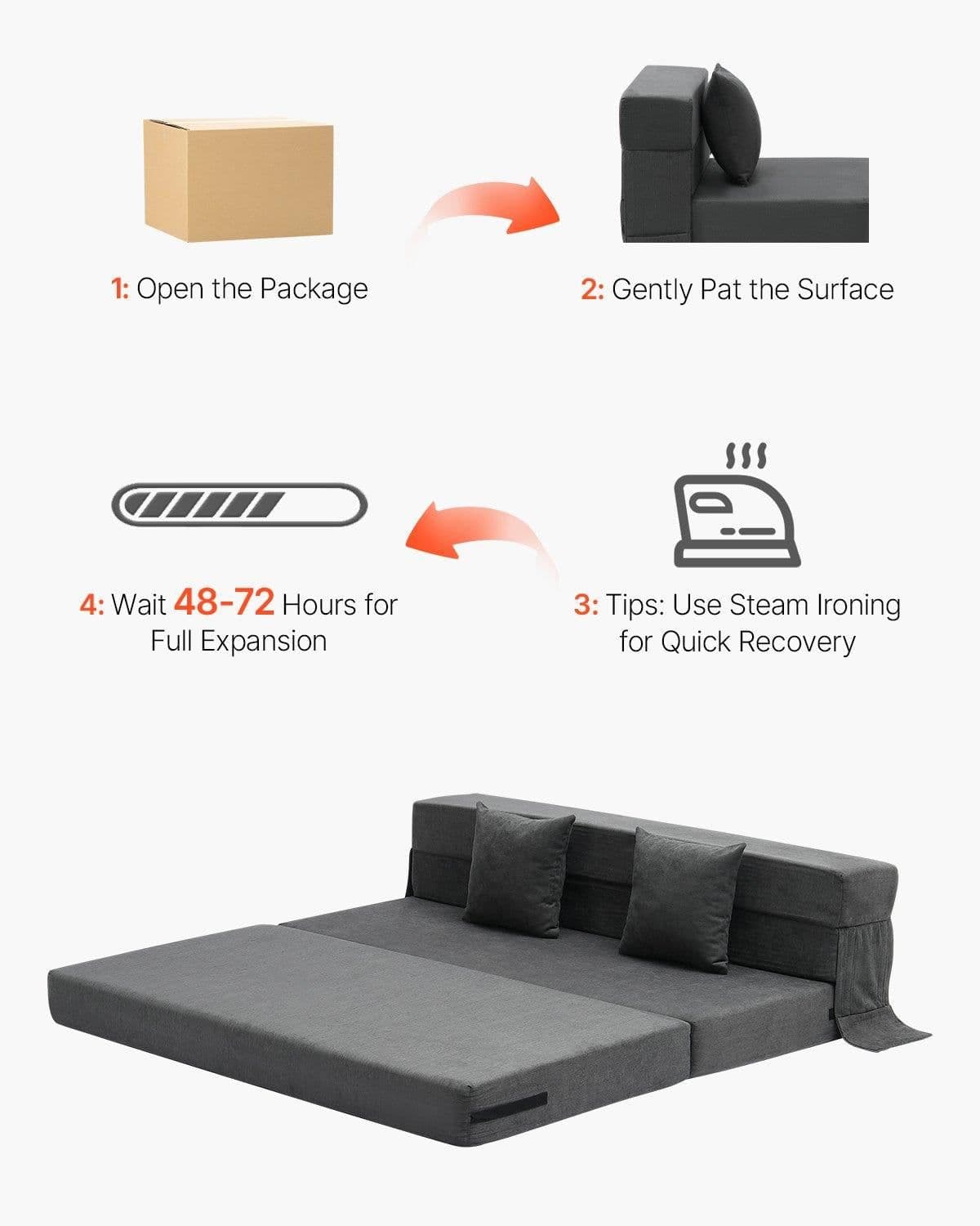 image-VEVOR Folding Sofa Bed, 3-in-1 Foldable Couch Bed with 2 Pillows and Washable Cover, 25D High Density Memory Foam Convertible Sleeper Chair Bed, Futon Couch for Living Room, Bedroom, Dark Grey(Queen)