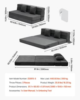 image-VEVOR Folding Sofa Bed, 3-in-1 Foldable Couch Bed with 2 Pillows and Washable Cover, 25D High Density Memory Foam Convertible Sleeper Chair Bed, Futon Couch for Living Room, Bedroom, Dark Grey(Queen)