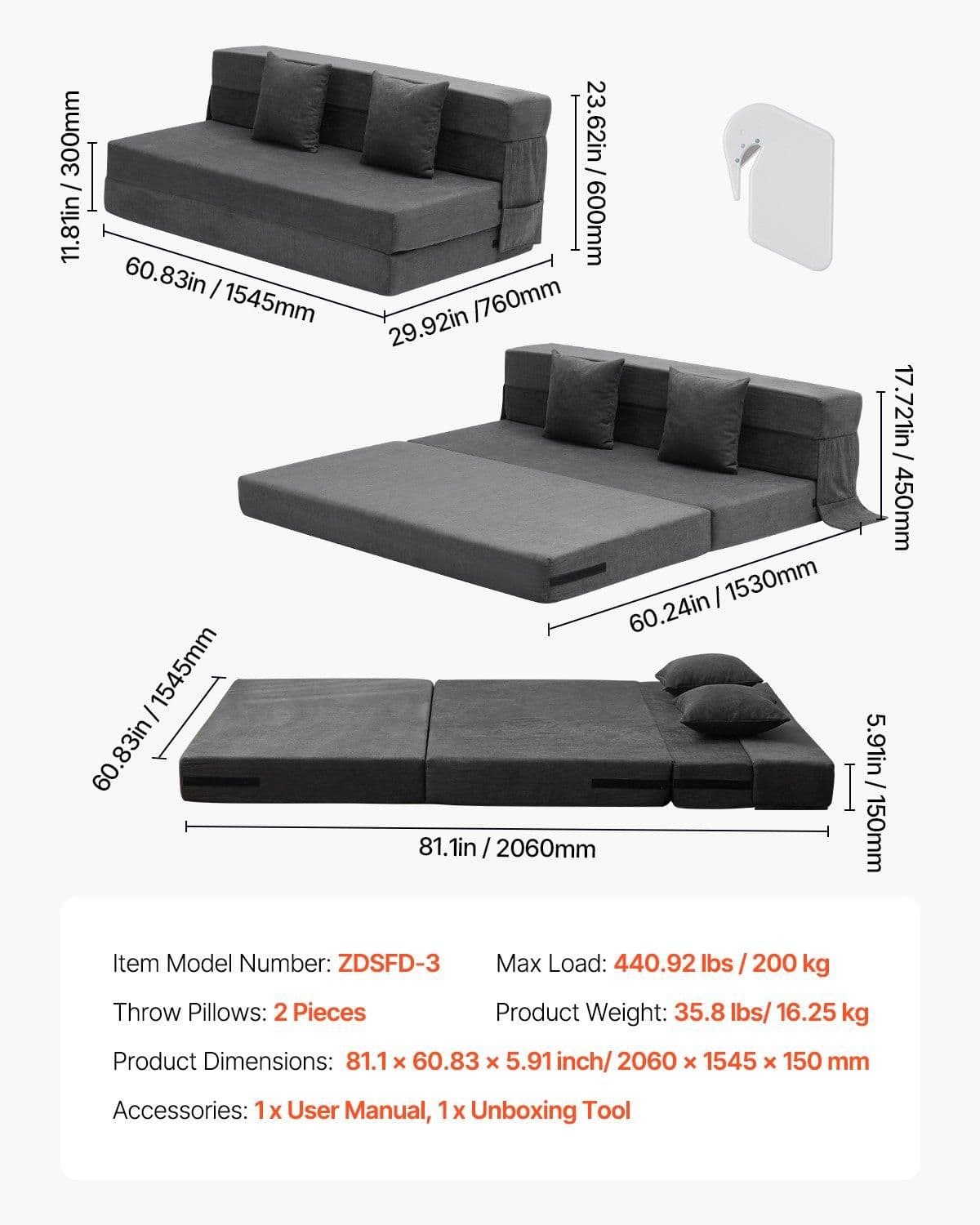 image-VEVOR Folding Sofa Bed, 3-in-1 Foldable Couch Bed with 2 Pillows and Washable Cover, 25D High Density Memory Foam Convertible Sleeper Chair Bed, Futon Couch for Living Room, Bedroom, Dark Grey(Queen)