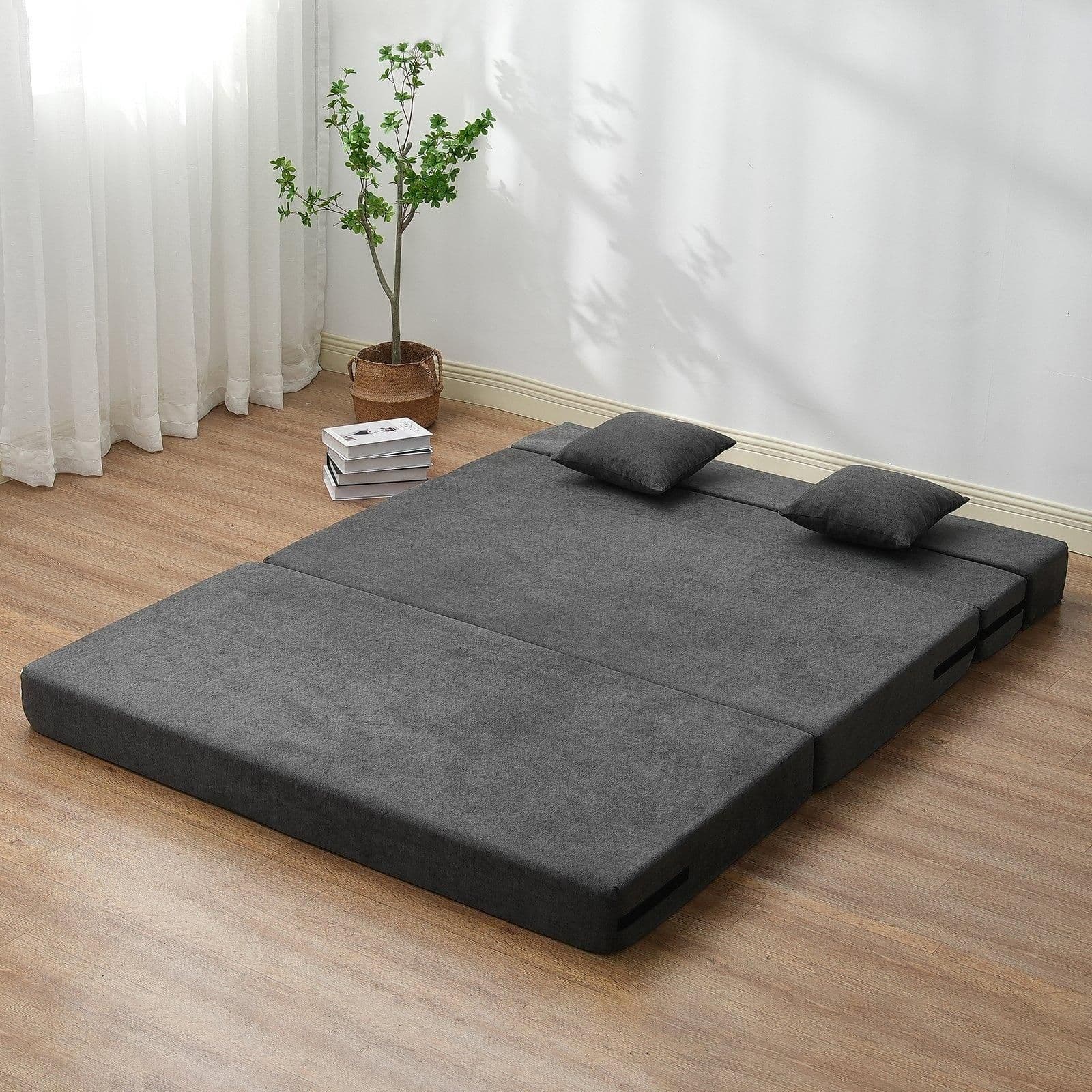 image-VEVOR Folding Sofa Bed, 3-in-1 Foldable Couch Bed with 2 Pillows and Washable Cover, 25D High Density Memory Foam Convertible Sleeper Chair Bed, Futon Couch for Living Room, Bedroom, Dark Grey(Queen)