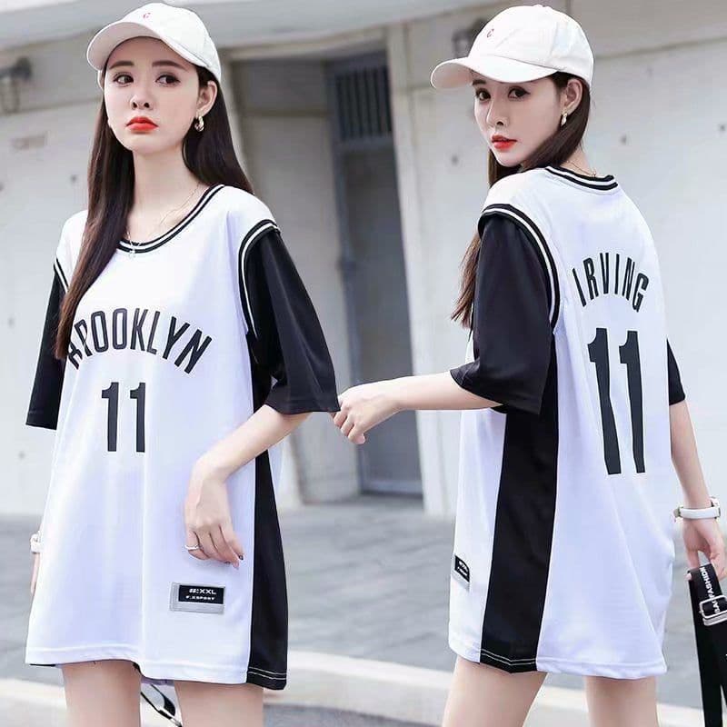 image-Fake two pieces of basketball clothing Korean version of sports t-shirt male and female students short-sleeved loose casual ball clothing class clothing wholesale