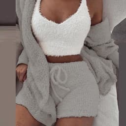 image-Cross-border women's European and American winter plush homewear casual 3-piece pajamas long-sleeved umbilical vest shorts suit