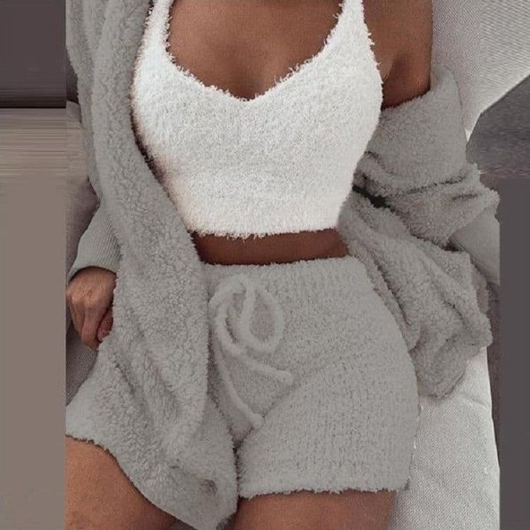 image-Cross-border women's European and American winter plush homewear casual 3-piece pajamas long-sleeved umbilical vest shorts suit