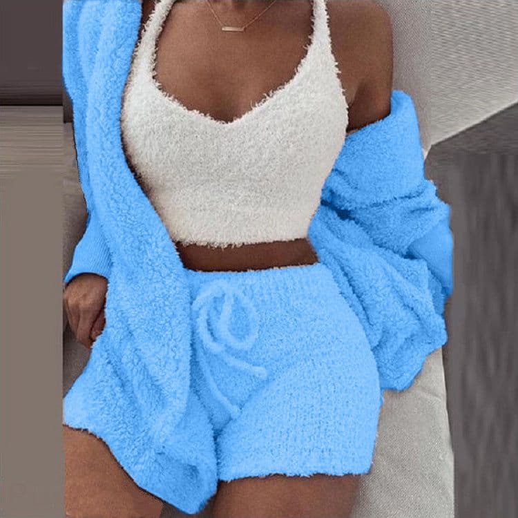 image-Cross-border women's European and American winter plush homewear casual 3-piece pajamas long-sleeved umbilical vest shorts suit