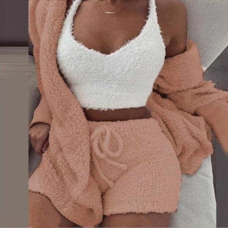 image-Cross-border women's European and American winter plush homewear casual 3-piece pajamas long-sleeved umbilical vest shorts suit