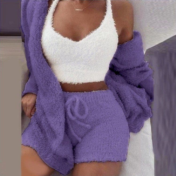 image-Cross-border women's European and American winter plush homewear casual 3-piece pajamas long-sleeved umbilical vest shorts suit
