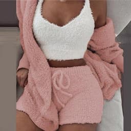 image-Cross-border women's European and American winter plush homewear casual 3-piece pajamas long-sleeved umbilical vest shorts suit