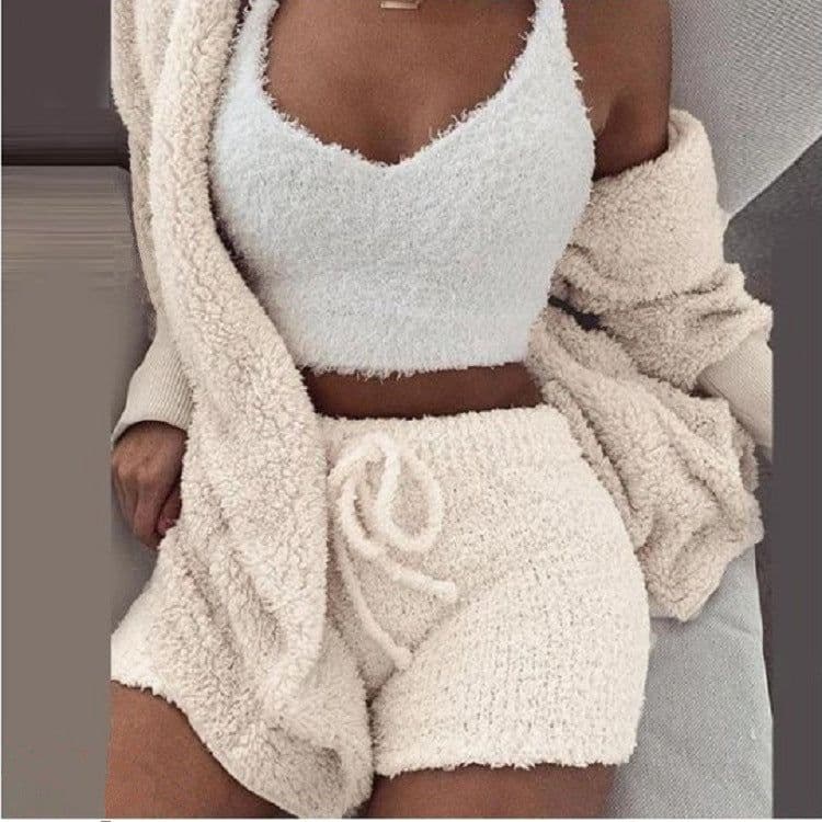 image-Cross-border women's European and American winter plush homewear casual 3-piece pajamas long-sleeved umbilical vest shorts suit
