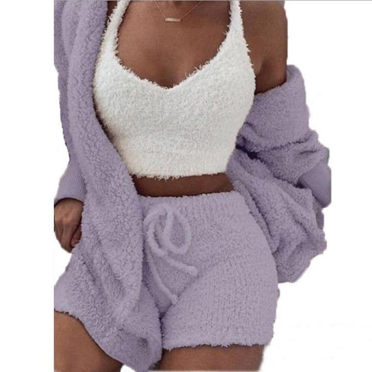 image-Cross-border women's European and American winter plush homewear casual 3-piece pajamas long-sleeved umbilical vest shorts suit