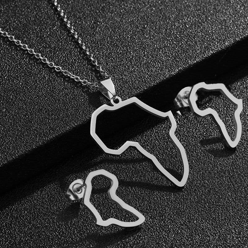 image-European and American Fashion Stainless Steel Women's Africa Map Pendant Necklace Titanium Steel Africa Map Pendant Stud Earrings Two-Piece Set