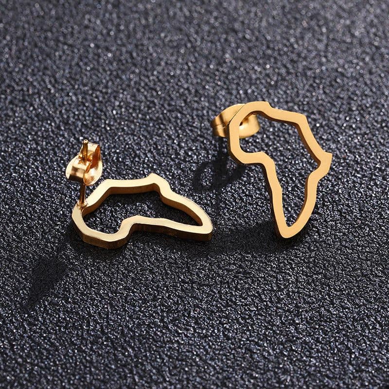 image-European and American Fashion Stainless Steel Women's Africa Map Pendant Necklace Titanium Steel Africa Map Pendant Stud Earrings Two-Piece Set