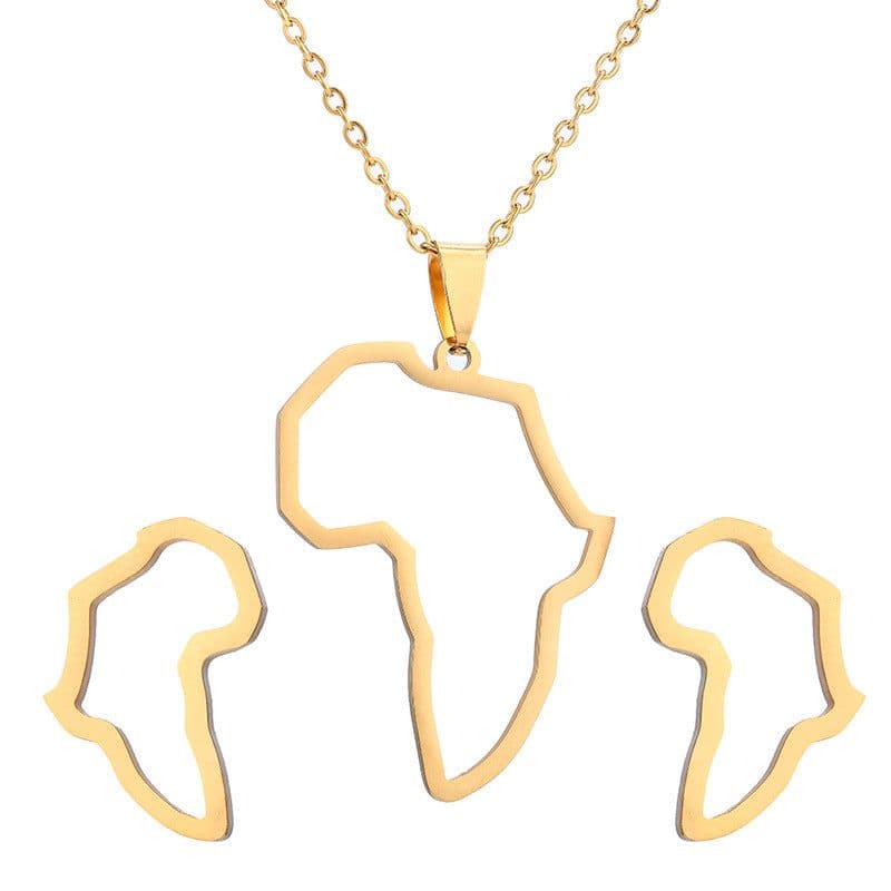 image-European and American Fashion Stainless Steel Women's Africa Map Pendant Necklace Titanium Steel Africa Map Pendant Stud Earrings Two-Piece Set