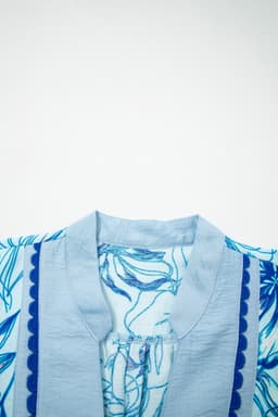 image-Sky Blue Plus Size Scalloped Trim Floral Short Sleeve Blouse
