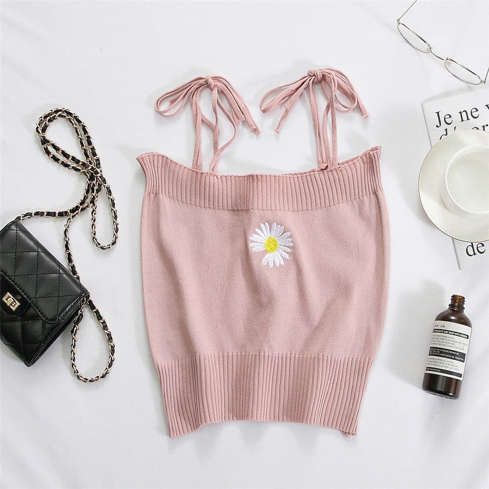 image-2020 new summer net celebrity bottoming knitted small camisole embroidered self-cultivation outer wear cropped short top women