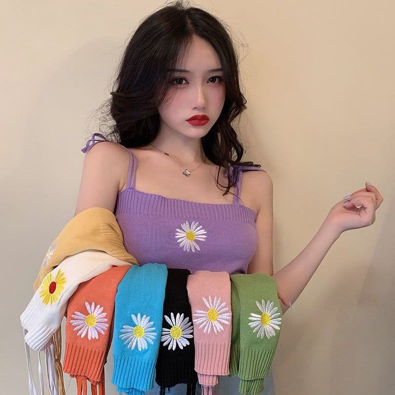 image-2020 new summer net celebrity bottoming knitted small camisole embroidered self-cultivation outer wear cropped short top women