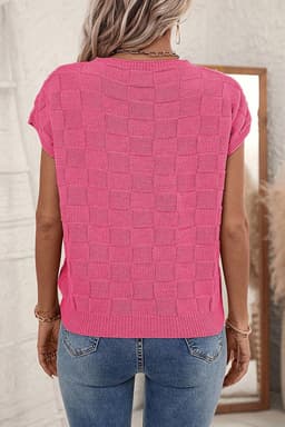 image-Pink Lattice Textured Knit Short Sleeve Sweater - Sizes S-3XL