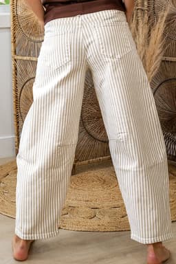 image-Khaki Stripe Casual Barrel Jeans - Striped Denim Pants