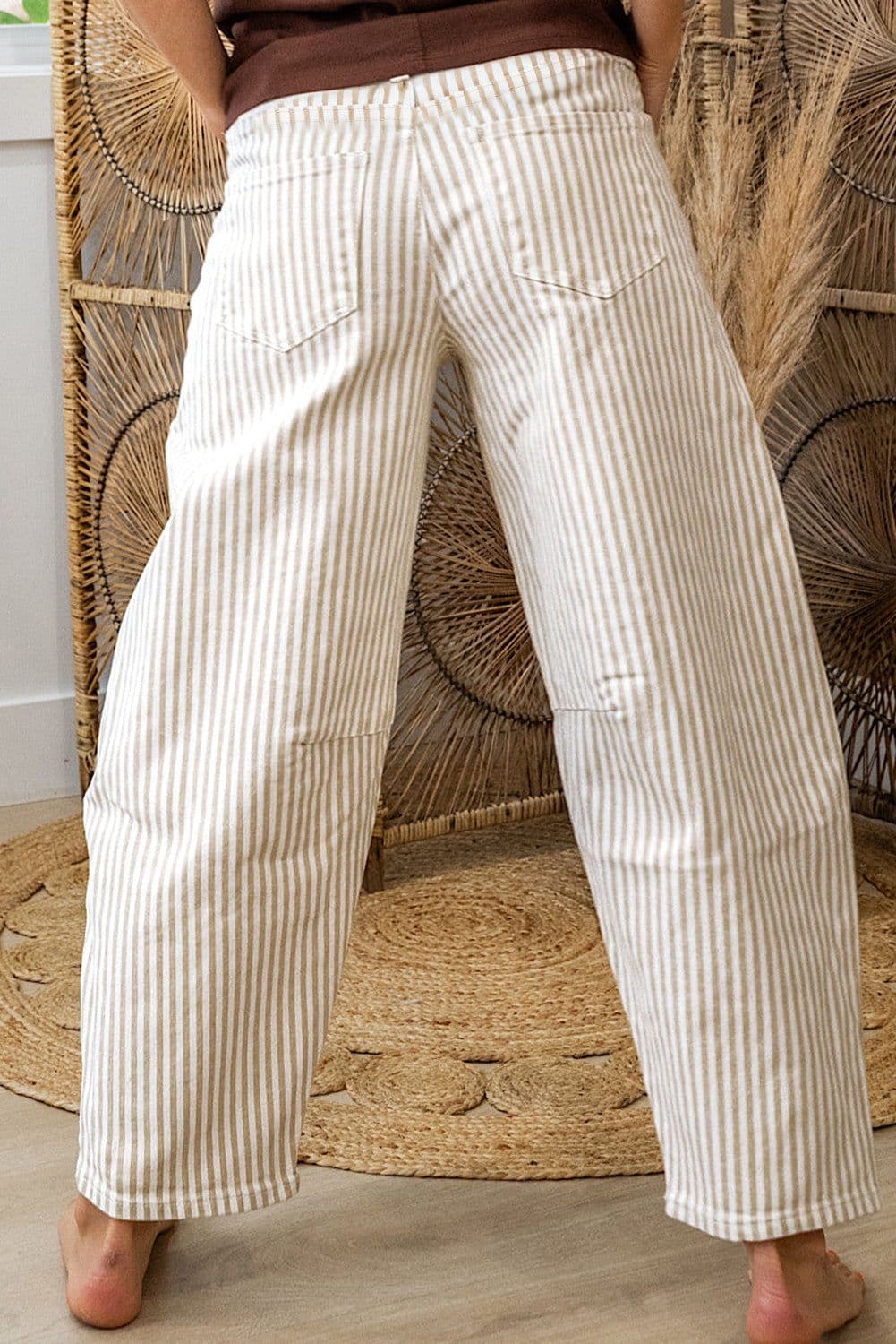 image-Khaki Stripe Casual Barrel Jeans - Striped Denim Pants