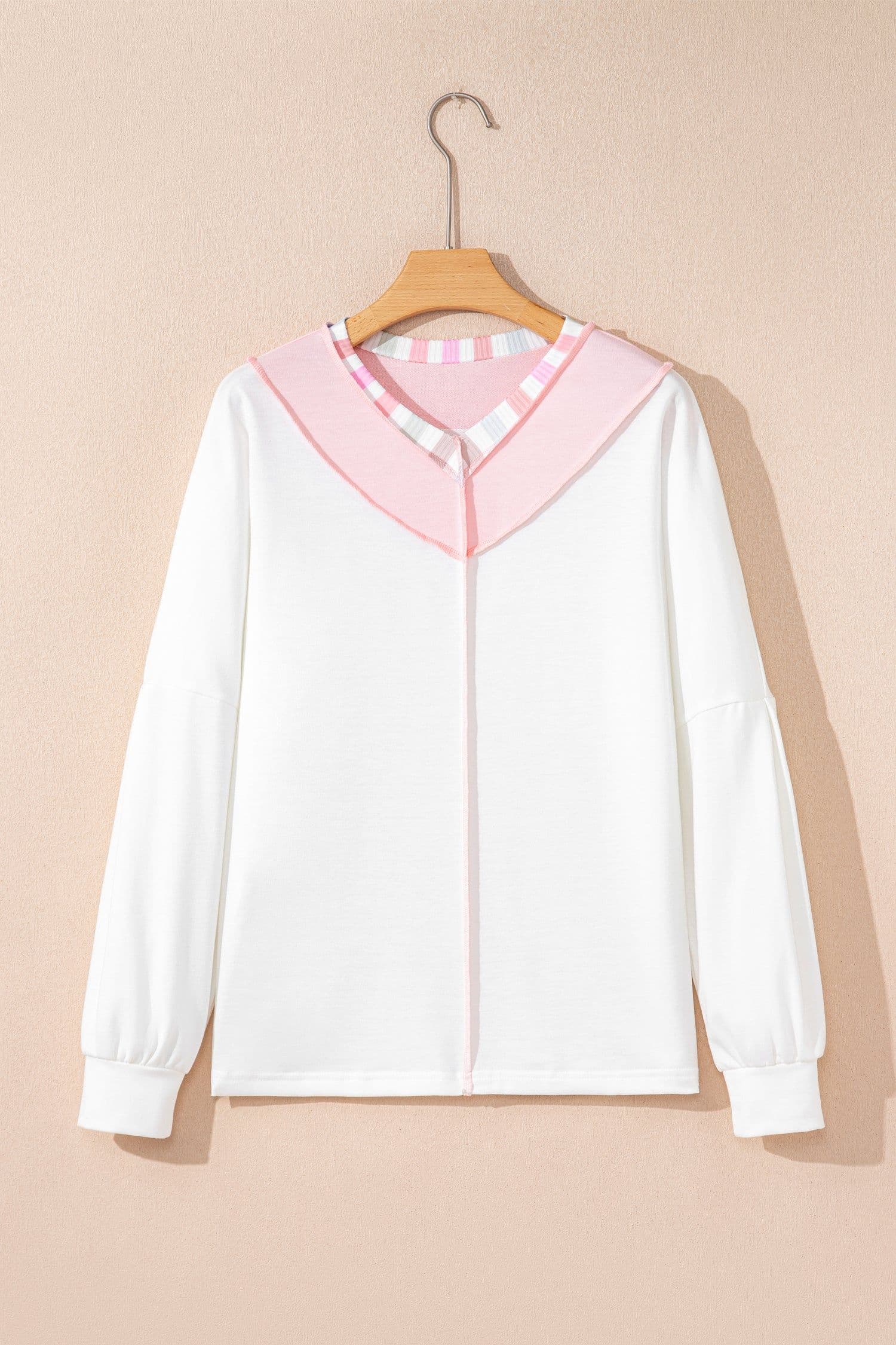 image-White Rainbow Stripe Color Block V Neck Long Sleeve Top